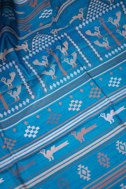 Teal Blue Fern Motif Tussar Saree