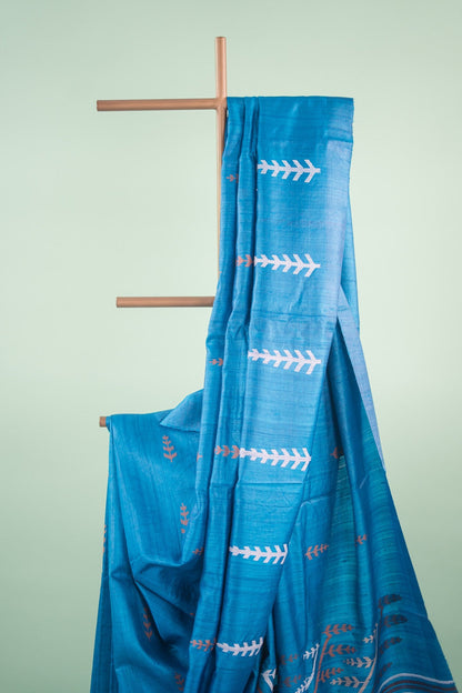 Teal Blue Fern Motif Tussar Saree