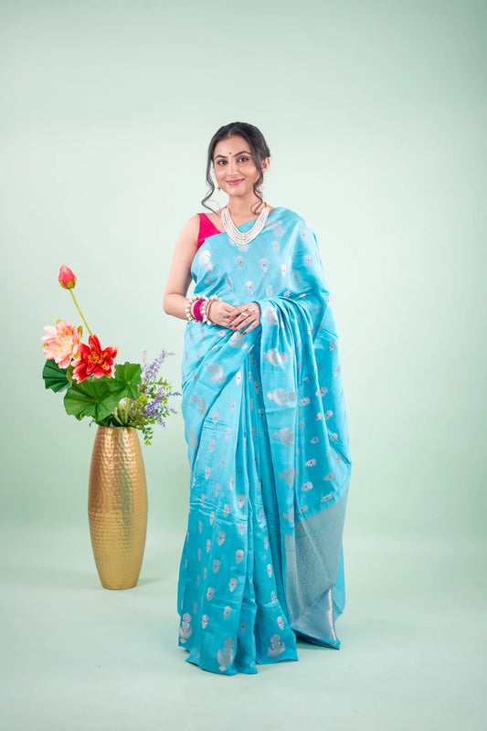 Teal Blue Banarasi Silk Saree - Paisley Medallion image 1