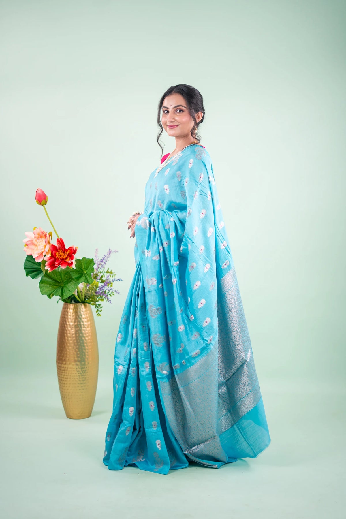 Teal Blue Banarasi Silk Saree - Paisley Medallion image 2