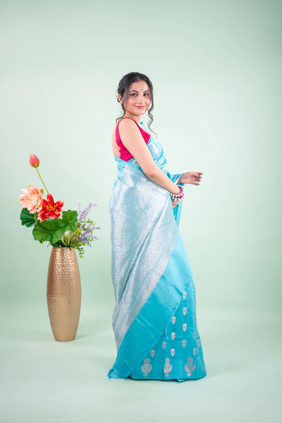 Teal Blue Banarasi Silk Saree - Paisley Medallion image 7