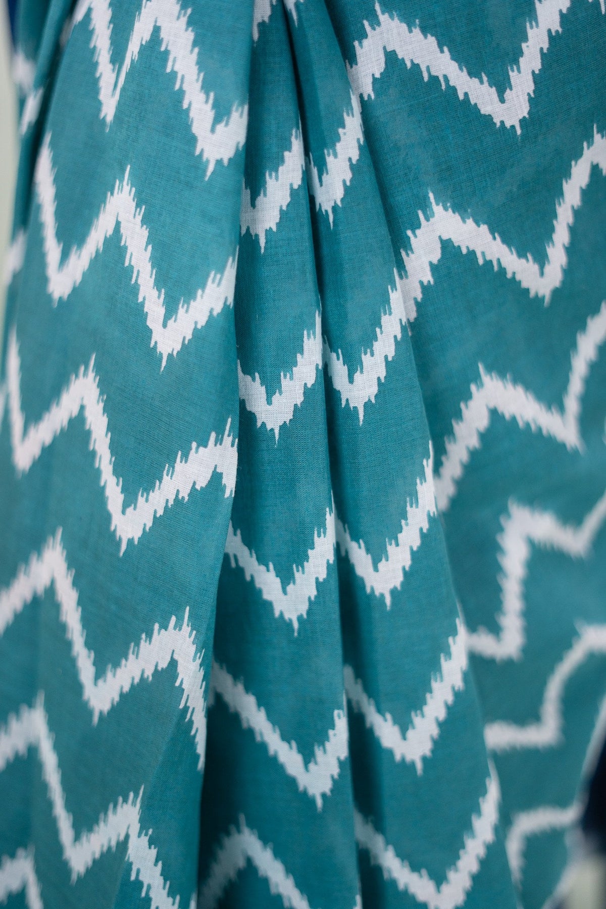 Teal Green Chevron Ikat Mul Mul Cotton Saree