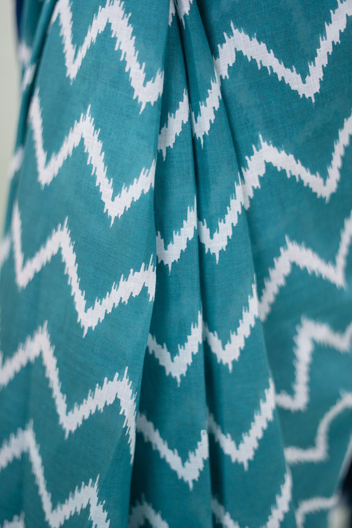 Teal Green Chevron Ikat Mul Mul Cotton Saree