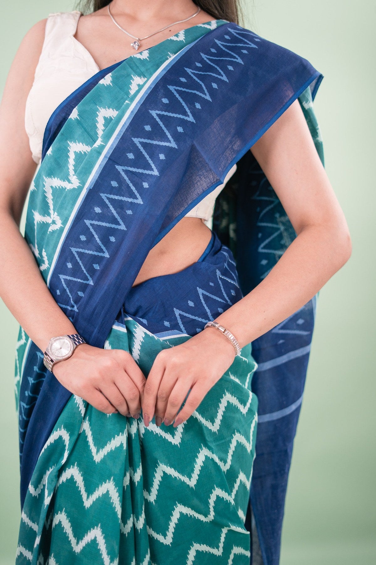 Teal Green Chevron Ikat Mul Mul Cotton Saree