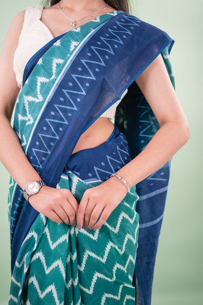 Teal Green Chevron Ikat Mul Mul Cotton Saree