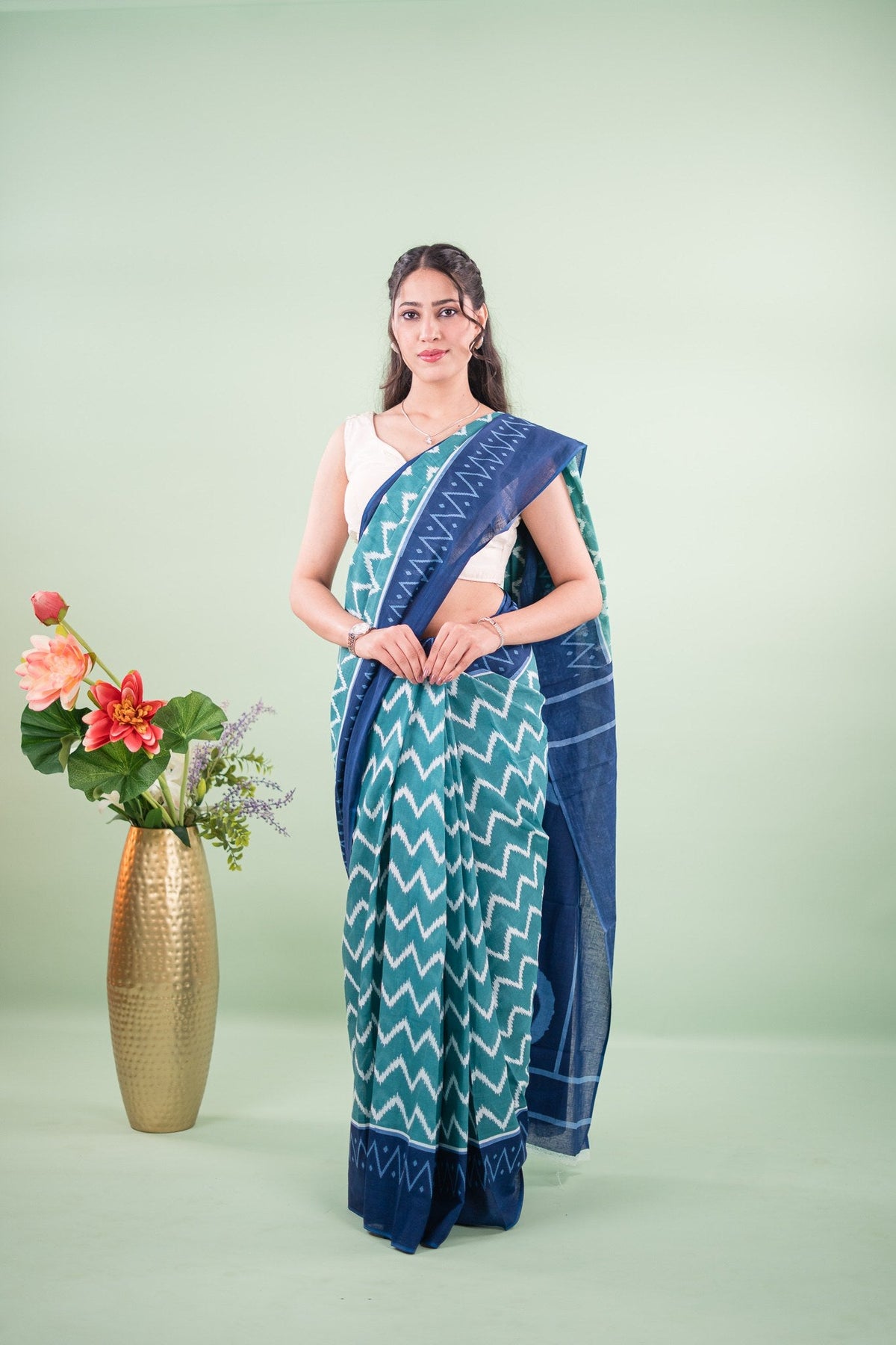 Teal Green Chevron Ikat Mul Mul Cotton Saree