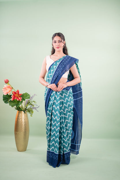 Teal Green Chevron Ikat Mul Mul Cotton Saree