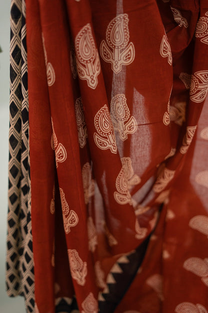 Terracotta Paisley Temple Border Mul Mul Cotton Saree