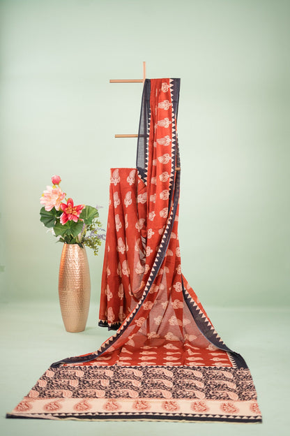 Terracotta Paisley Temple Border Mul Mul Cotton Saree