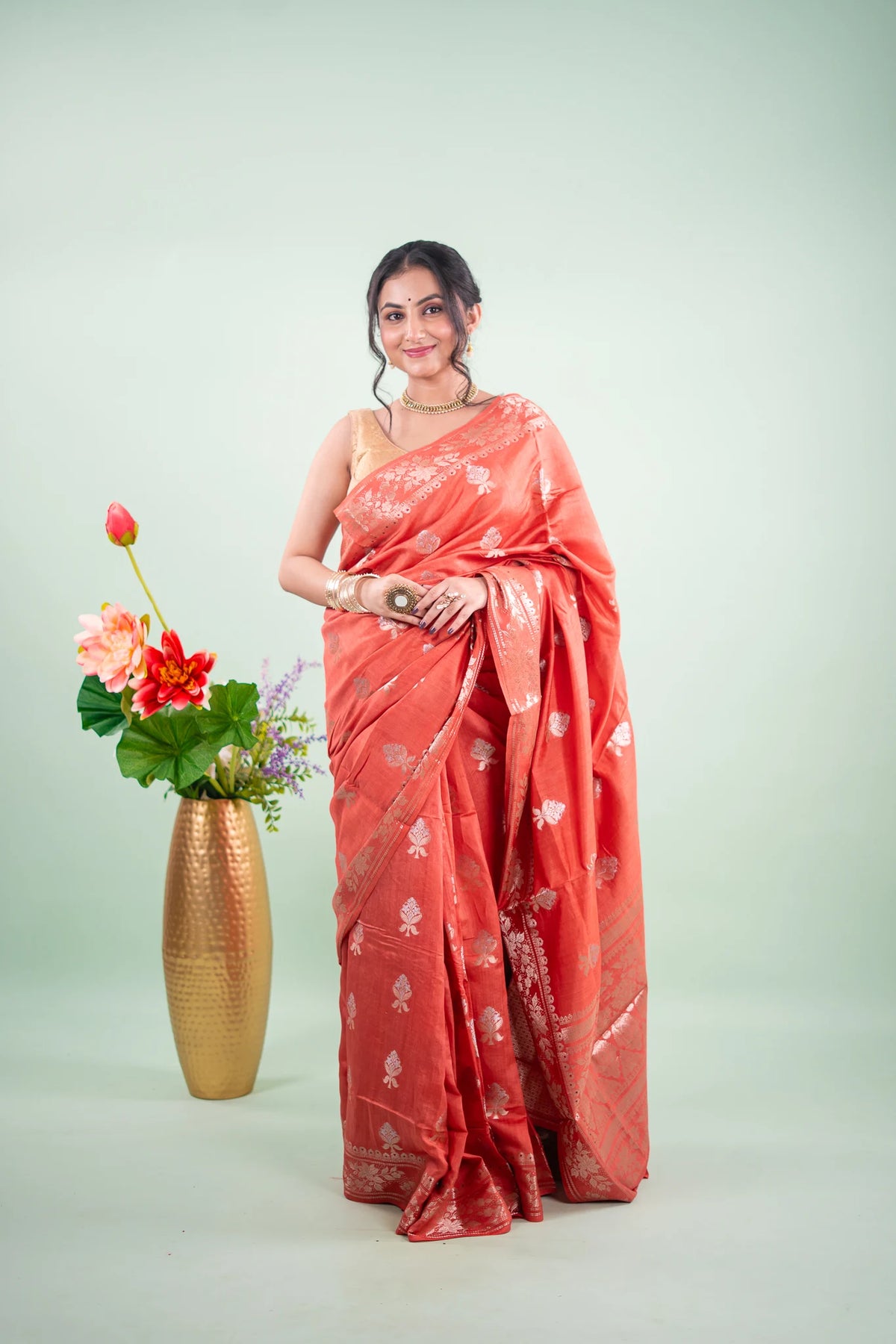 Terracotta Red Banarasi Silk Saree - Tree of Life Buta image 1