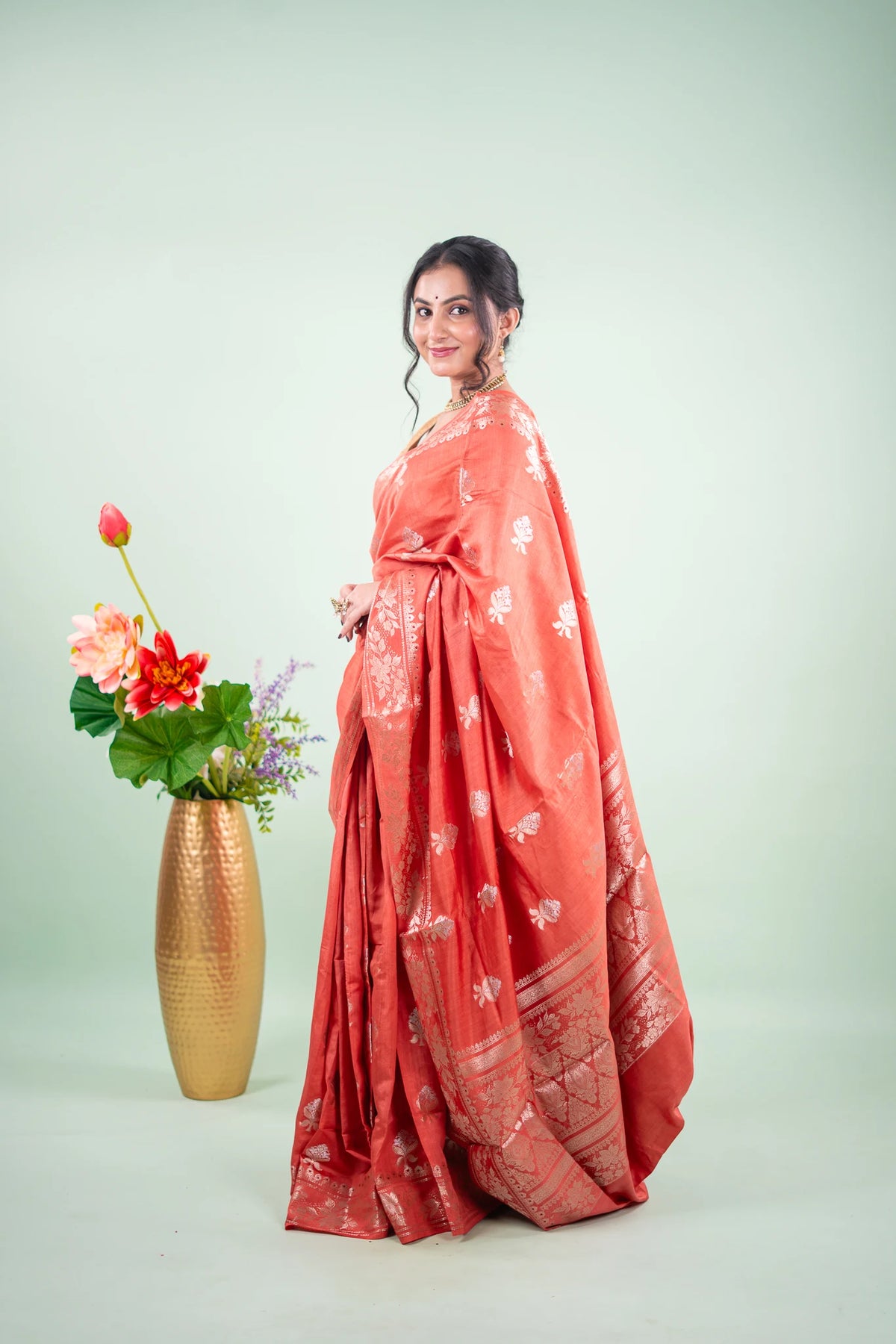 Terracotta Red Banarasi Silk Saree - Tree of Life Buta image 2