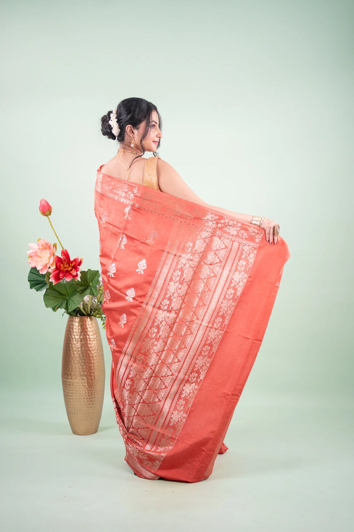 Terracotta Red Banarasi Silk Saree - Tree of Life Buta image 4