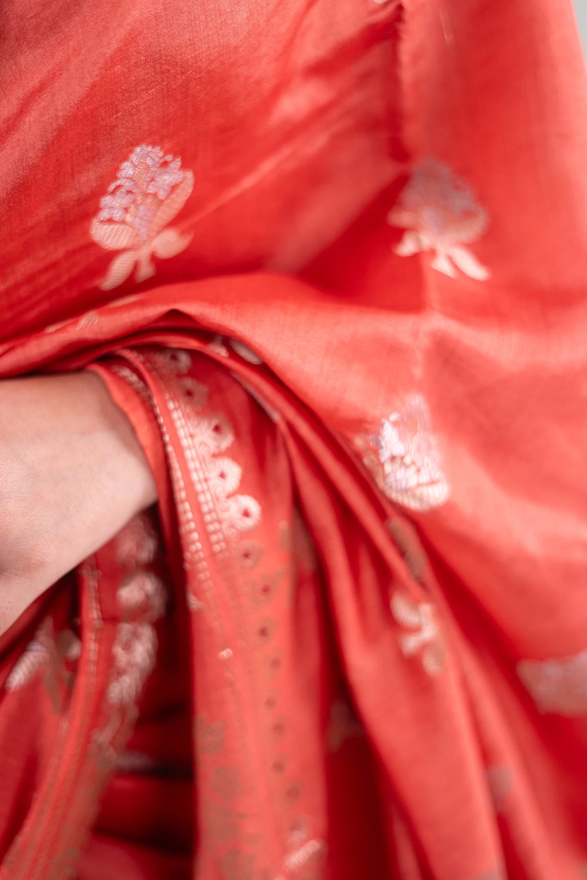 Terracotta Red Banarasi Silk Saree - Tree of Life Buta image 6