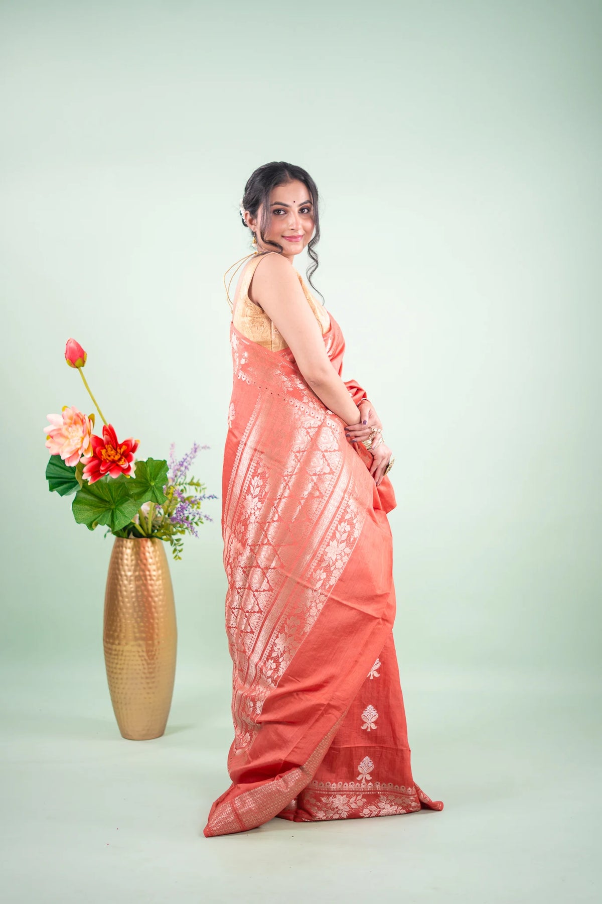 Terracotta Red Banarasi Silk Saree - Tree of Life Buta image 7