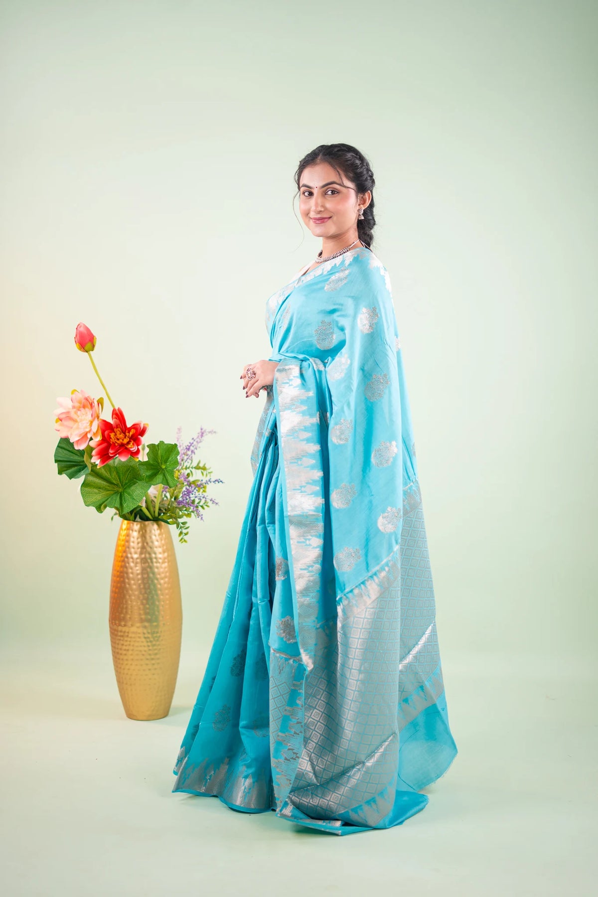 Turquoise Blue Banarasi Silk Saree - angled view