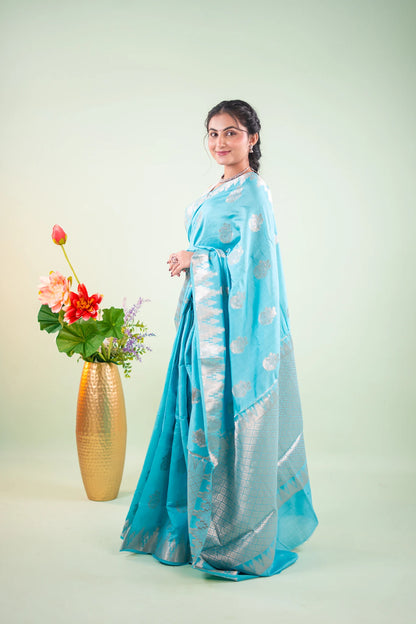 Turquoise Blue Banarasi Silk Saree - angled view