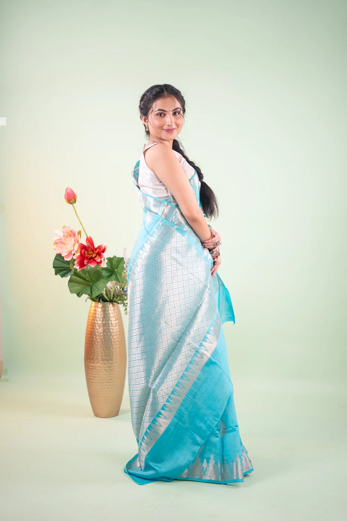 Turquoise Blue Banarasi Silk Saree - back view