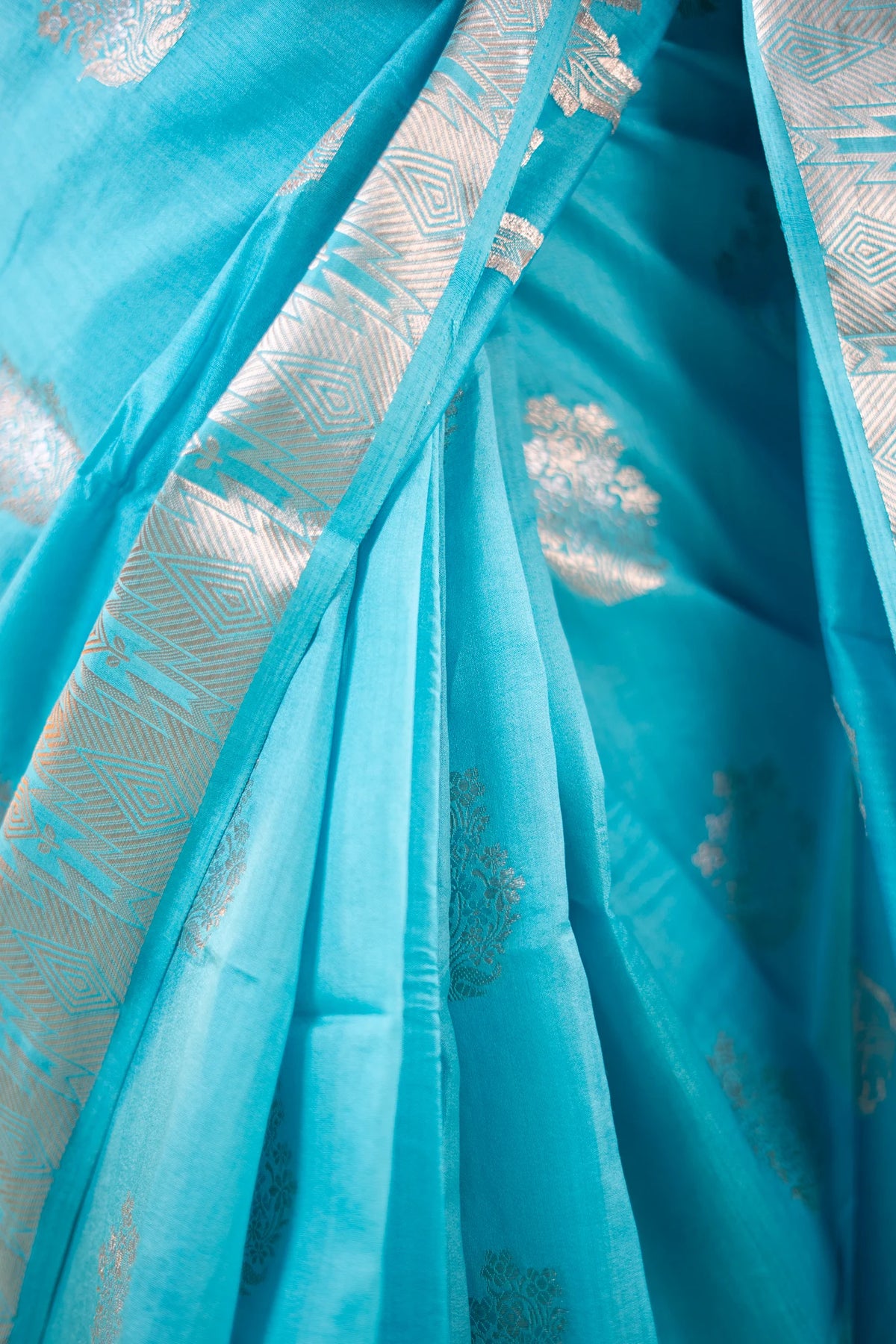 Turquoise Blue Banarasi Silk Saree - fabric and zari detail close-up