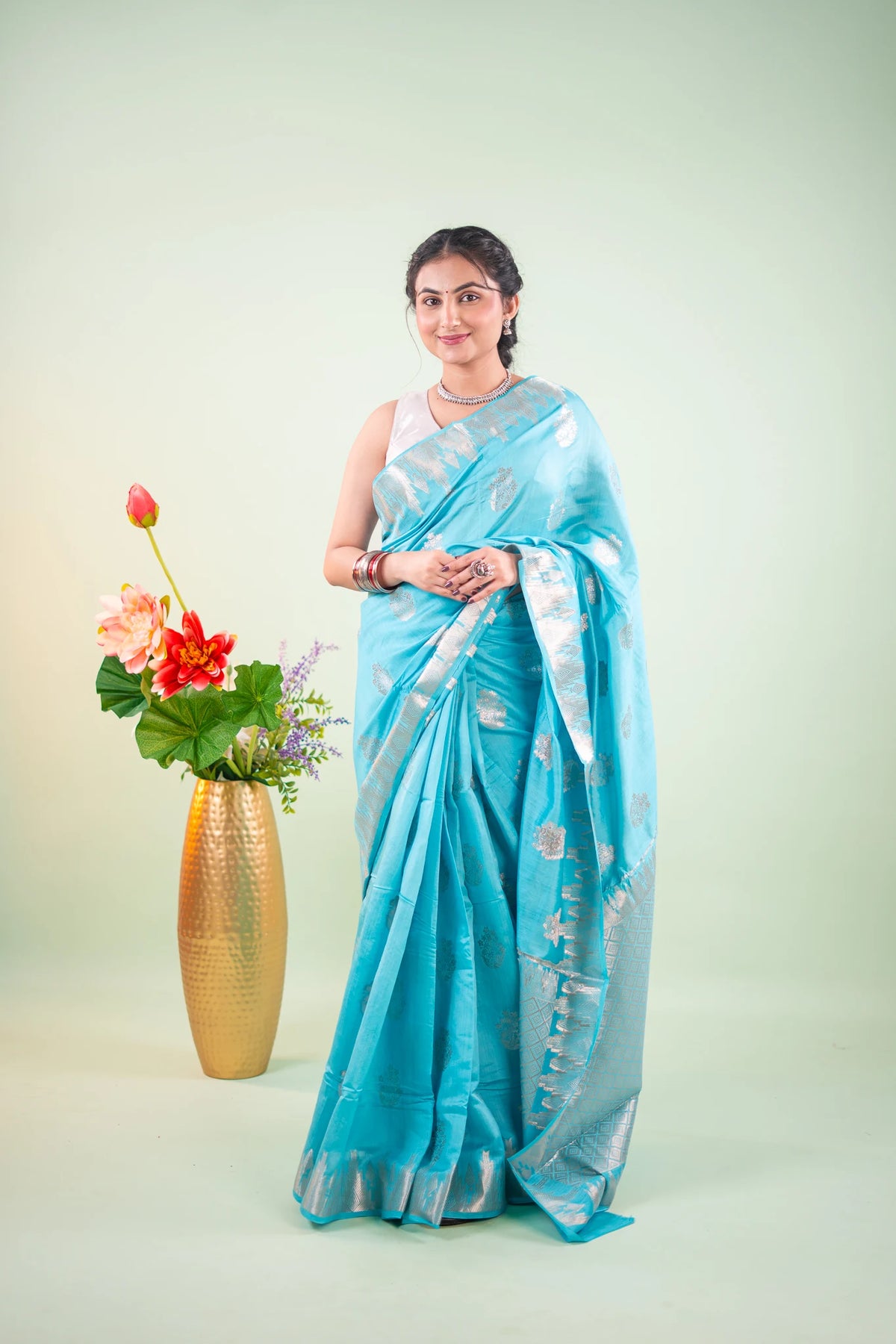 Turquoise Blue Banarasi Silk Saree - full front view