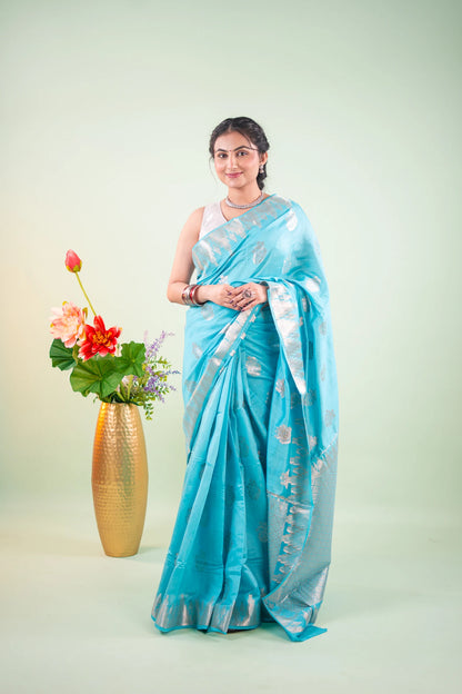 Turquoise Blue Banarasi Silk Saree - full front view