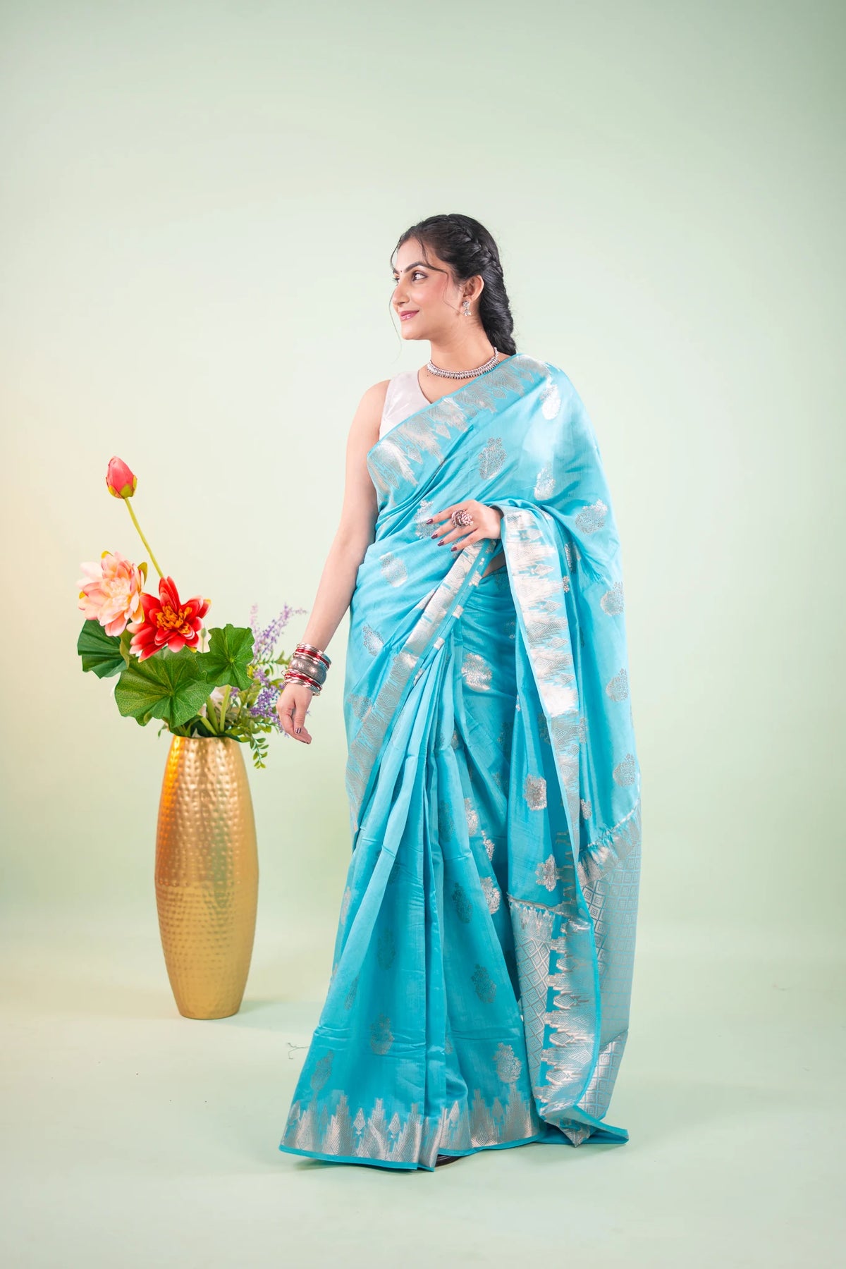 Turquoise Blue Banarasi Silk Saree - pallu on shoulder