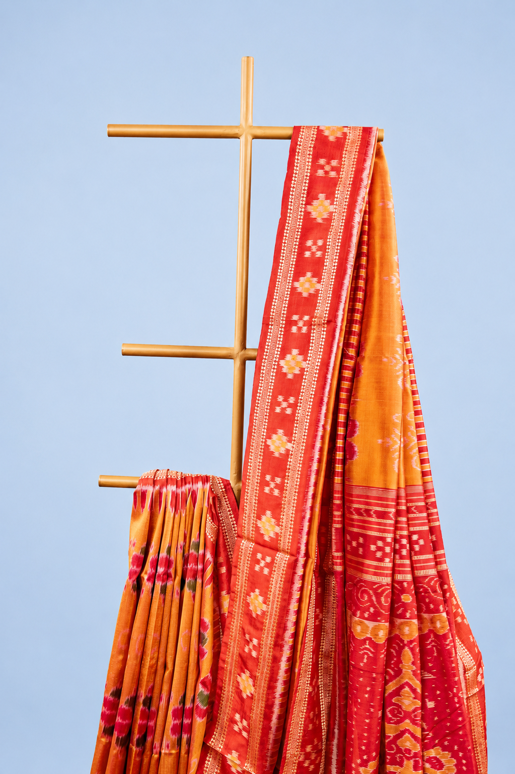 Saffron Orange Khandua Silk Saree with Padma Ikat Motifs | Odisha Handloom