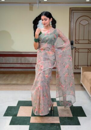 Hand dyed pure peach brown organza saree.