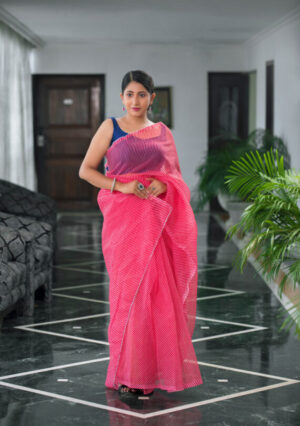 Hand dyed pure pink organza saree