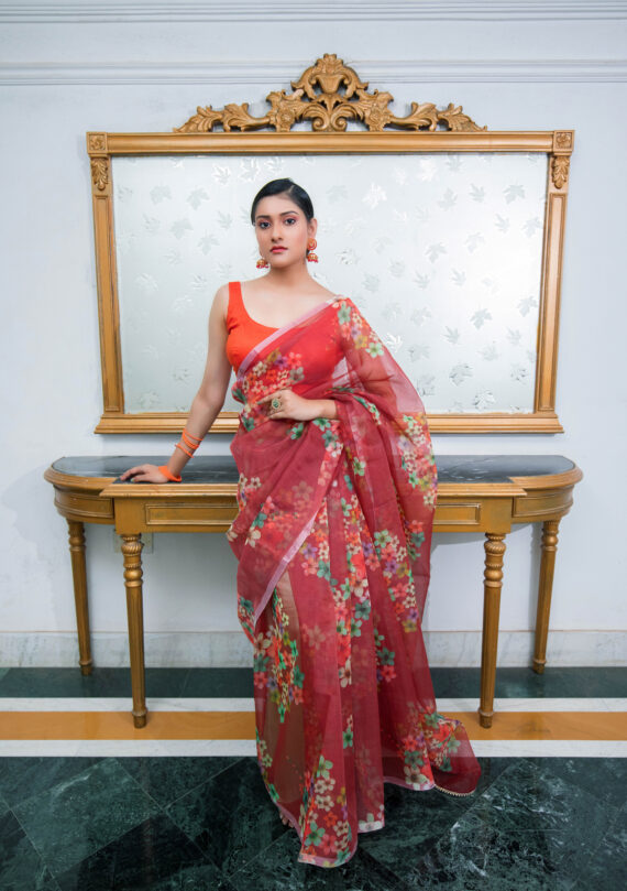Hand dyed pure maroon organza saree