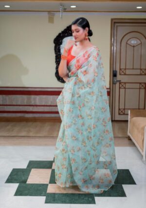 Hand dyed pure sea green organza saree