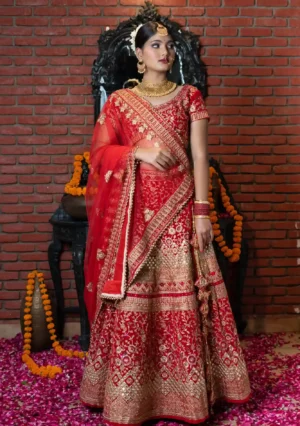 Zari work red lehenga
