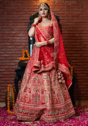 Zardozi work orngish red lehenga