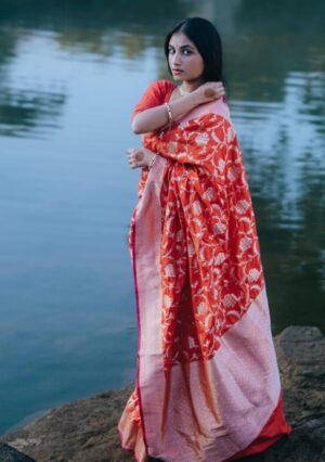 Banarsi Silk Saree Red - Hand woven